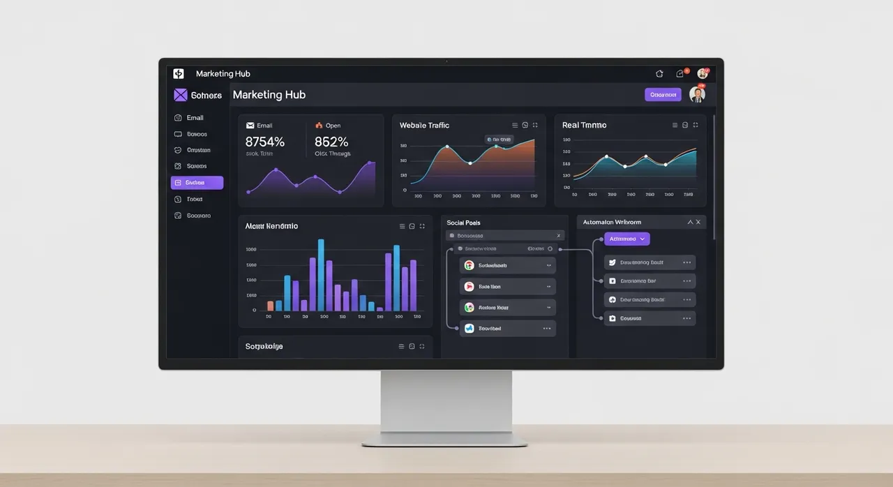 Your Hub — unified marketing dashboard showing email, website, social media and analytics in one interface